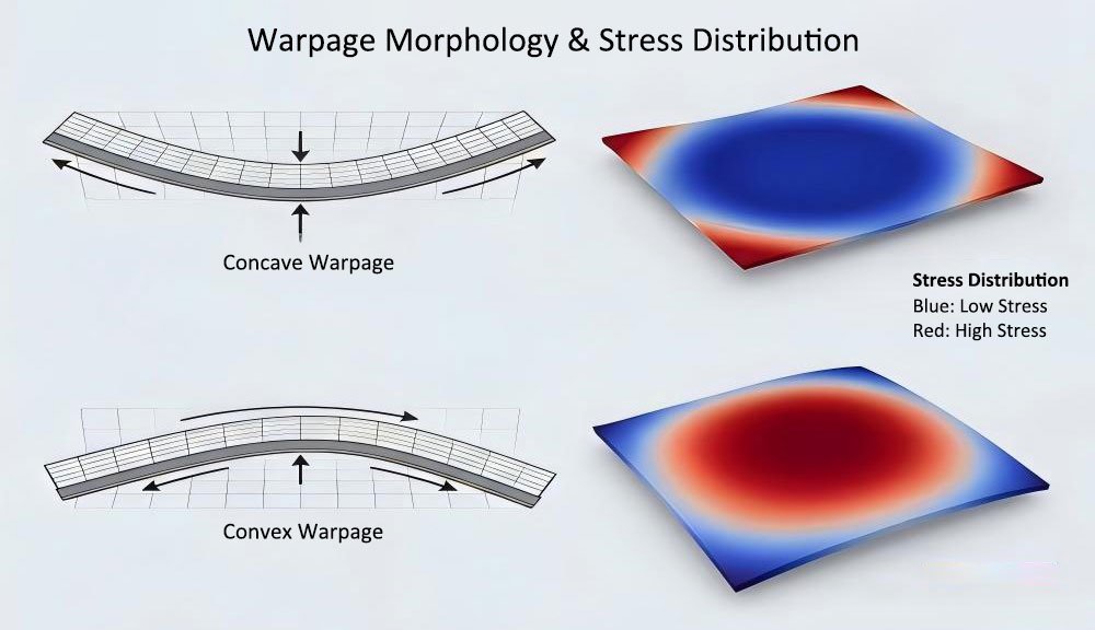 Diagram showing convex and concave ceramic substrate warpage with corresponding stress distribution patterns