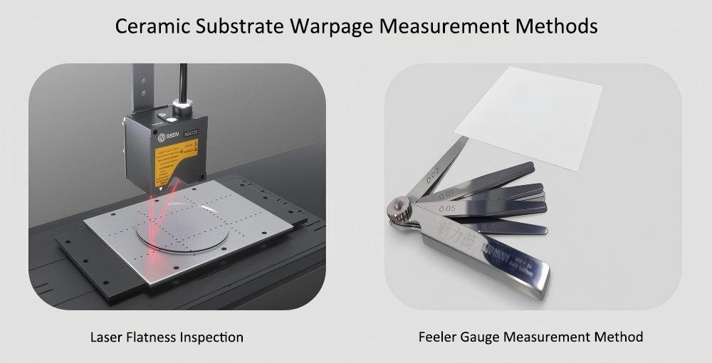 Ceramic substrate warpage measurement tools including laser flatness system and gap measurement gauge