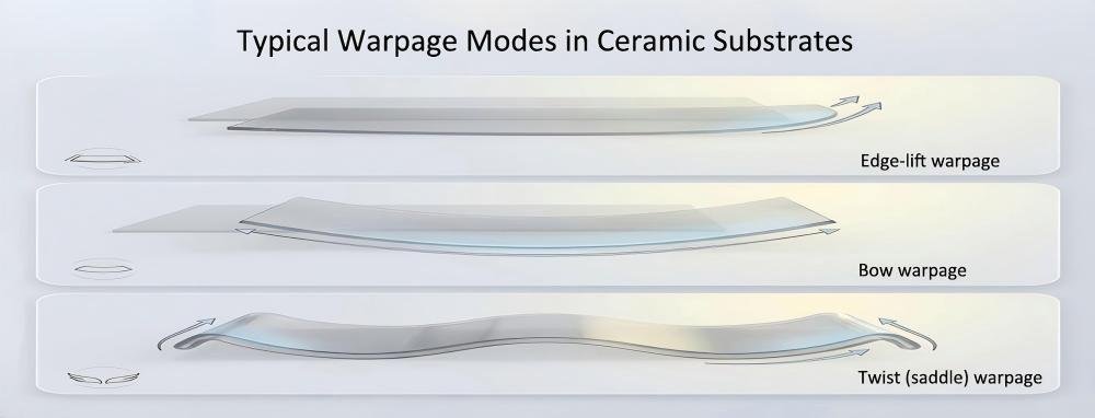 Ceramic substrate warpage modes including edge-lift, bow, and twist deformation under thermal and mechanical stress