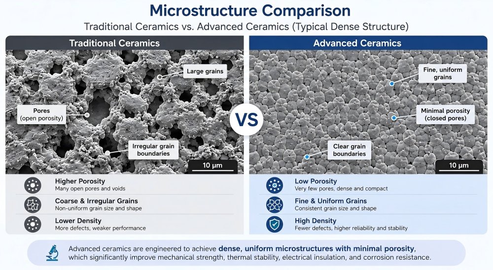 SEM-style Comparison Between Porous Traditional Ceramics and Dense Advanced Ceramics