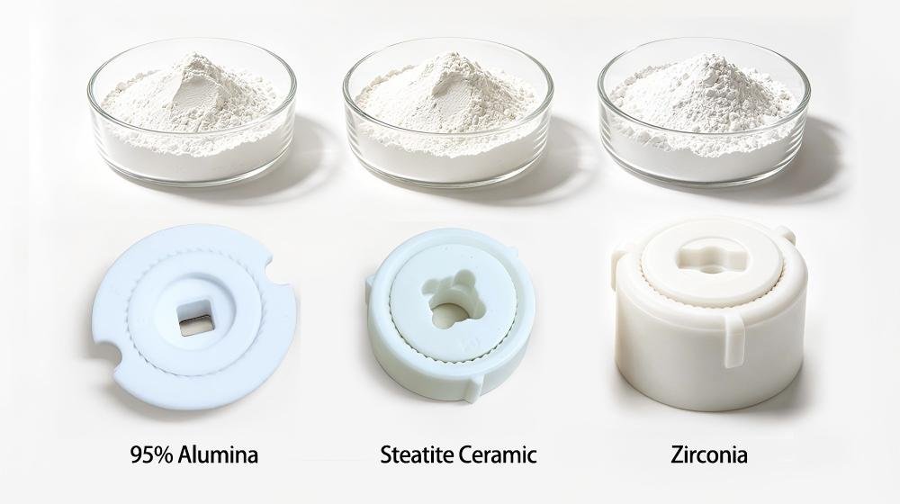 Three types of ceramic burrs and raw materials including 95% Alumina, Steatite Ceramic, and Zirconia for cost and material comparison.