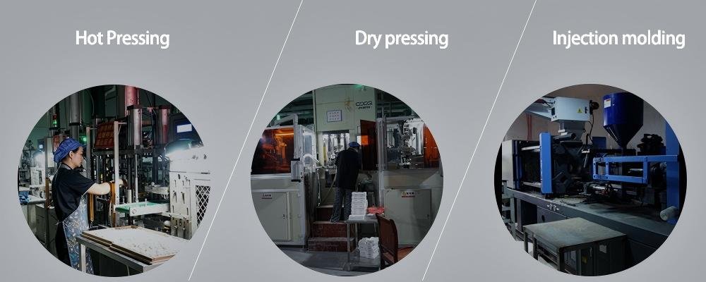 Factory workers operating production equipment for ceramic burr manufacturing processes, including hot pressing, dry pressing, and injection molding.