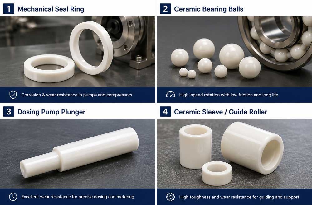 Typical applications of zirconia ceramics include mechanical seal rings, ceramic bearing balls, dosing pump plungers, and ceramic sleeves/guide rollers.