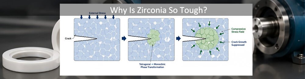 Transformation toughening mechanism of zirconia ceramic showing crack propagation suppression