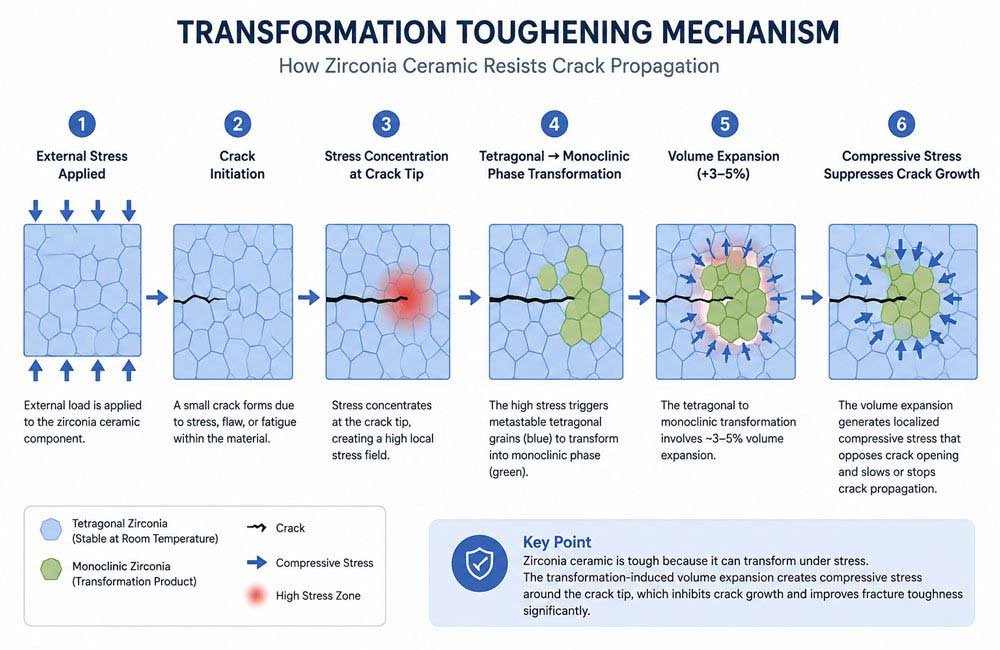 Transformation toughening mechanism of zirconia ceramic showing crack suppression through tetragonal-to-monoclinic phase transformation