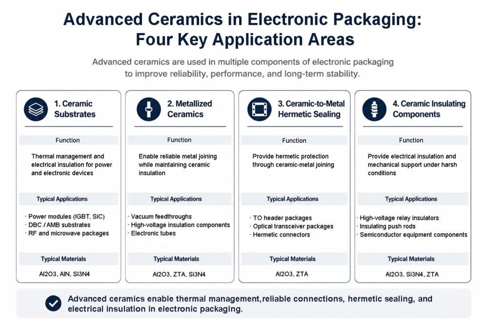 Advanced ceramics in electronic packaging: ceramic substrates, metallized ceramics, hermetic sealing components, and insulating ceramic components for reliable electronic systems.