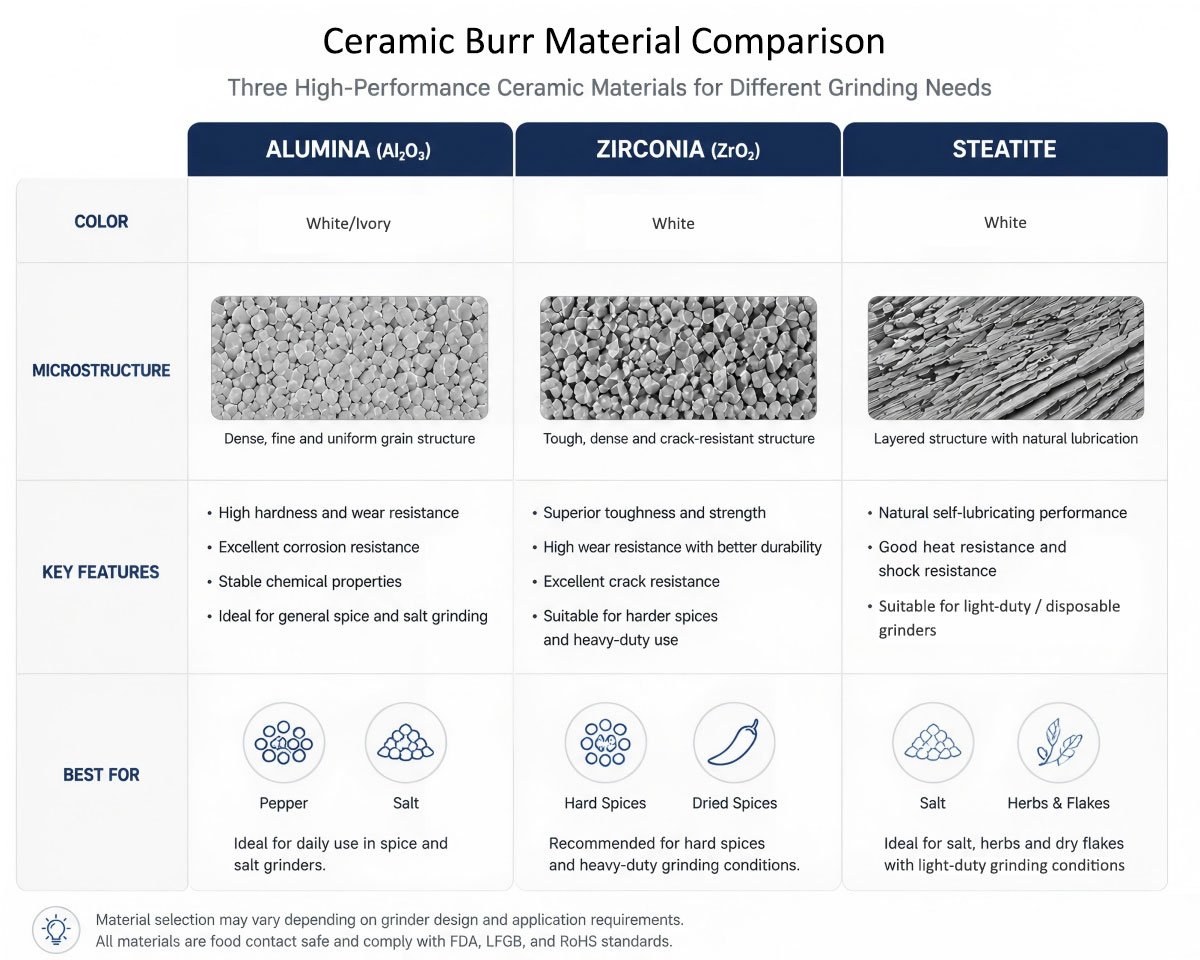 Ceramic burr material comparison showing alumina zirconia and steatite for grinder applications with differences in structure and performance