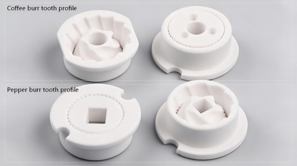 Ceramic burr tooth profiles designed for coffee and pepper grinding