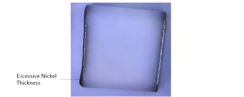 Cross-sectional image showing excessive nickel plating thickness on metallized ceramics.