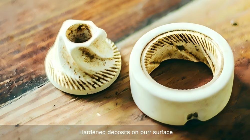 Hardened deposits formed by coffee residue on burr surface
