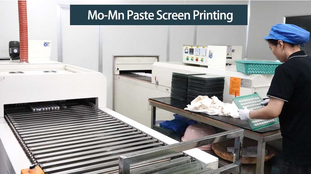Screen printing of Mo-Mn metallization paste on alumina ceramic components