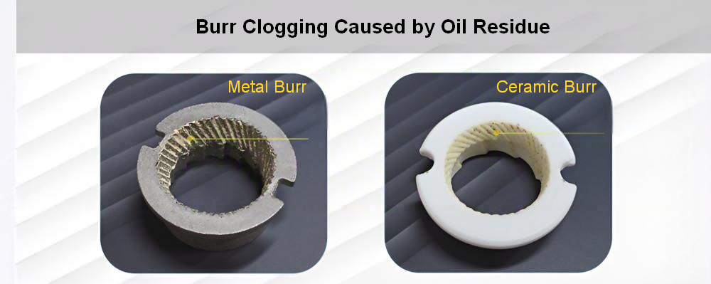 Oil residue buildup inside pepper grinder burr teeth