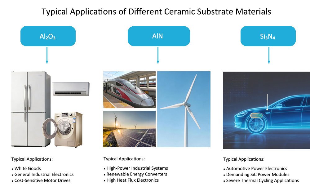 Typical power module applications of Al₂O₃, AlN, and Si₃N₄